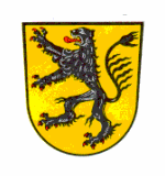 LogoWappen der Stadt Bad Rodach; In Gold ein rot bewehrter schwarzer Löwe.
