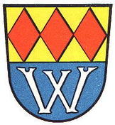 LogoWappen des Markts Wilhermsdorf rote Rauten auf gold unten Buchstabe W auf blau