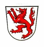 LogoWappen des Marktes Windorf; In Silber ein steigender roter Wolf.